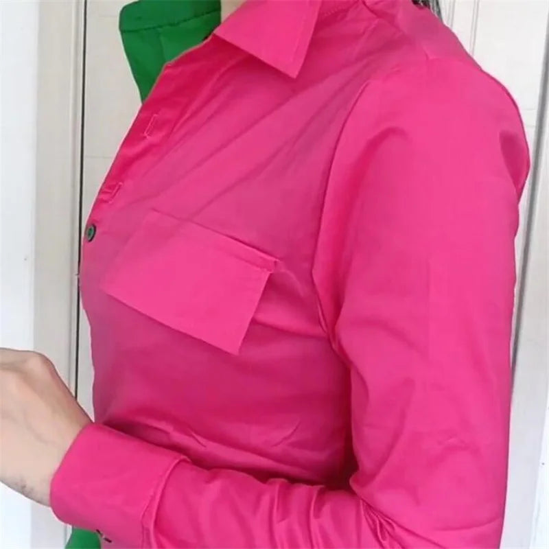 Oblique Placket Chic Color Matching Blouses Women Shirt Lapel long sleeve Patchwork Color Contrast Streetwear Female Blusa Shirt