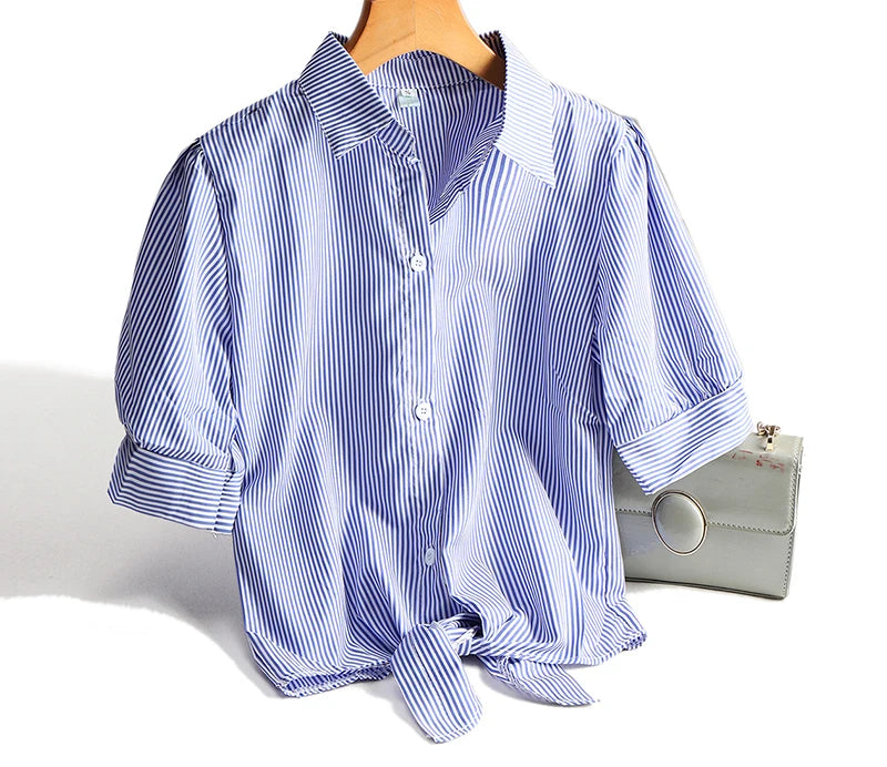 AOSSVIAO Casual Women Shirts 2024 Summer New Fashion Collar Blouse Stripe Buttons White Shirt Women Tops Streetwear
