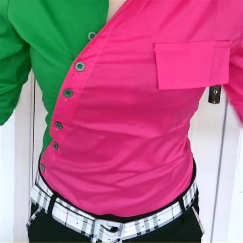 Oblique Placket Chic Color Matching Blouses Women Shirt Lapel long sleeve Patchwork Color Contrast Streetwear Female Blusa Shirt