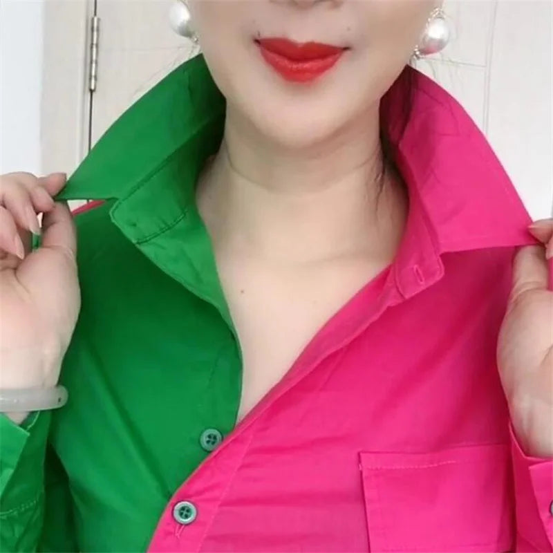 Oblique Placket Chic Color Matching Blouses Women Shirt Lapel long sleeve Patchwork Color Contrast Streetwear Female Blusa Shirt