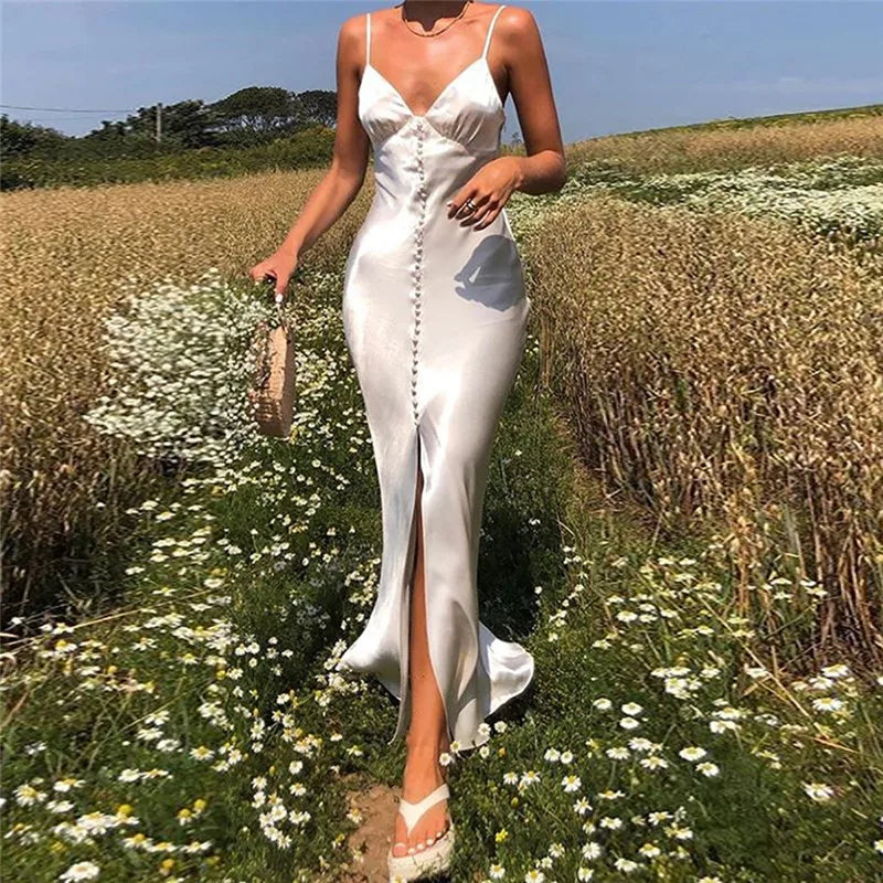 Summer Fashion Elegant Bodycon Dress Women Sling Straps Buttons V Neck Backless Solid Slim Satin Sundress Party Beach Clothes