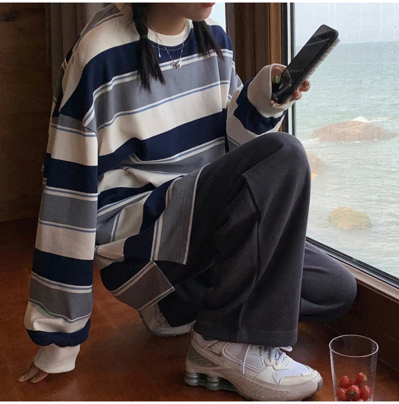 spring autumn Striped hoodies women fashion Long Sleeve Hoodie Sweatshirt Harajuku Jumper cotton Pullovers Casual oversized Coat