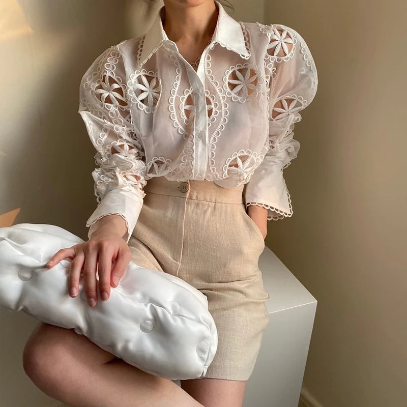 Spring Long Sleeve White Blouse Women Autumn Sexy Hollow Floral Embroidery Shirt Tops Vintage Loose Casual Blouses Blusas 13369