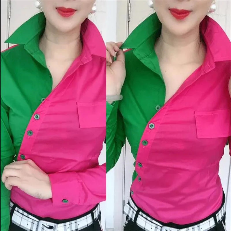 Oblique Placket Chic Color Matching Blouses Women Shirt Lapel long sleeve Patchwork Color Contrast Streetwear Female Blusa Shirt