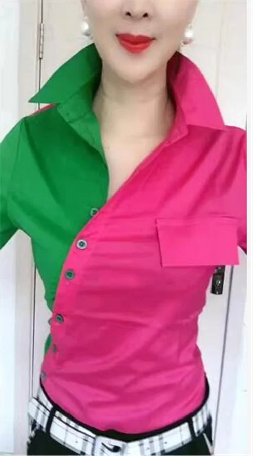 Oblique Placket Chic Color Matching Blouses Women Shirt Lapel long sleeve Patchwork Color Contrast Streetwear Female Blusa Shirt