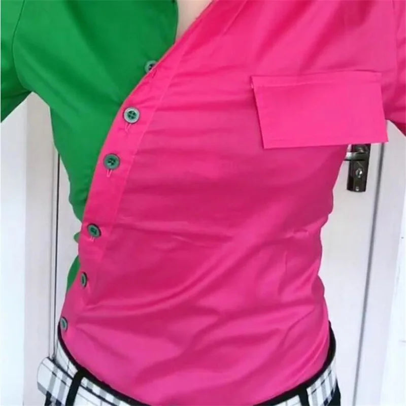 Oblique Placket Chic Color Matching Blouses Women Shirt Lapel long sleeve Patchwork Color Contrast Streetwear Female Blusa Shirt