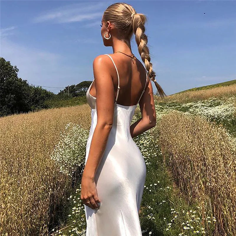 Summer Fashion Elegant Bodycon Dress Women Sling Straps Buttons V Neck Backless Solid Slim Satin Sundress Party Beach Clothes