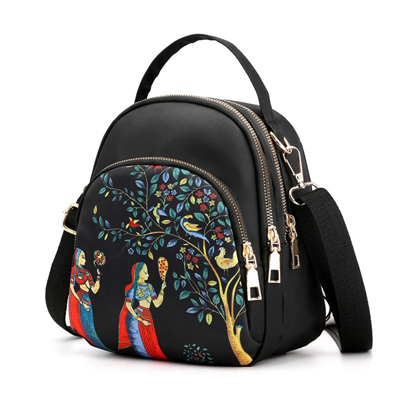 Fashion Printing Backpack Women Large Capacity Nylon Rucksack Multilayer Crossbody Bag School Bags Waterproof Travel Knapsack