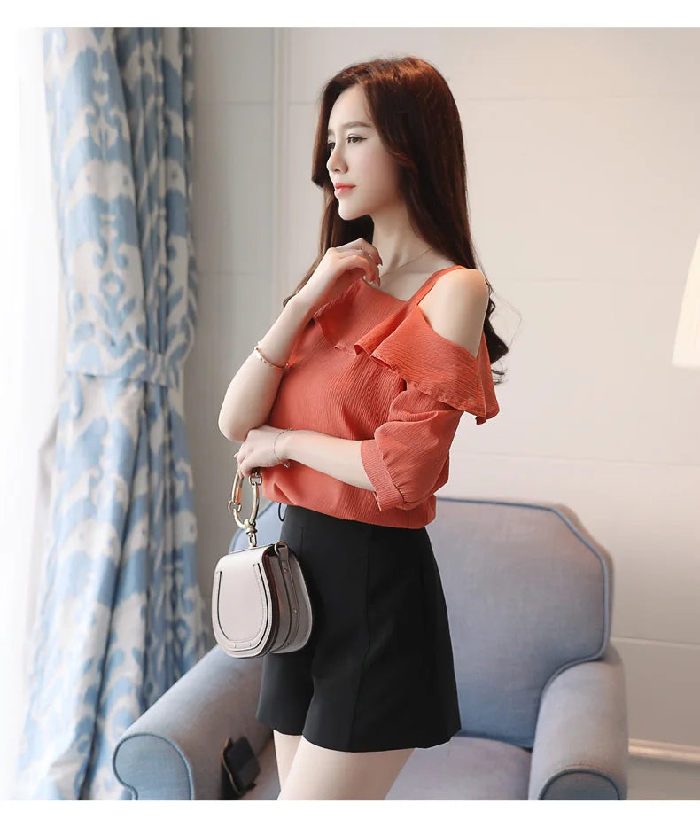 Blusas Mujer De Moda 2024 Summer Women Blouses Short Sleeve Chiffon Blouse Off Shoulder Blouse Tops Womens Tops And Blouses B381
