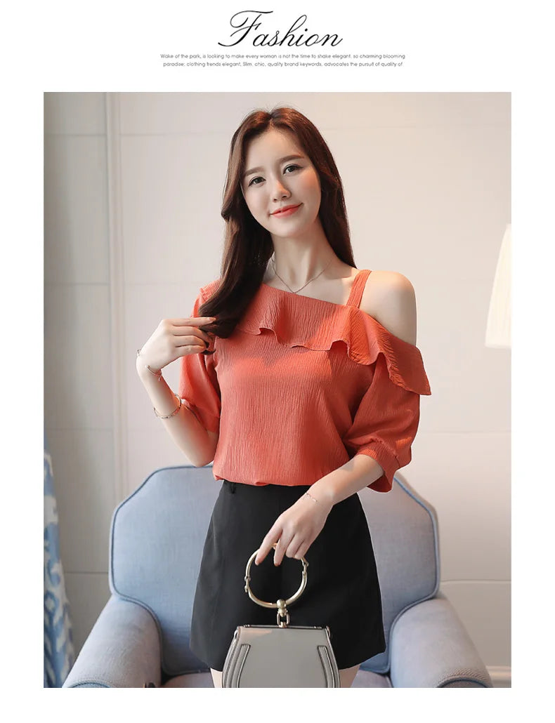 Blusas Mujer De Moda 2024 Summer Women Blouses Short Sleeve Chiffon Blouse Off Shoulder Blouse Tops Womens Tops And Blouses B381
