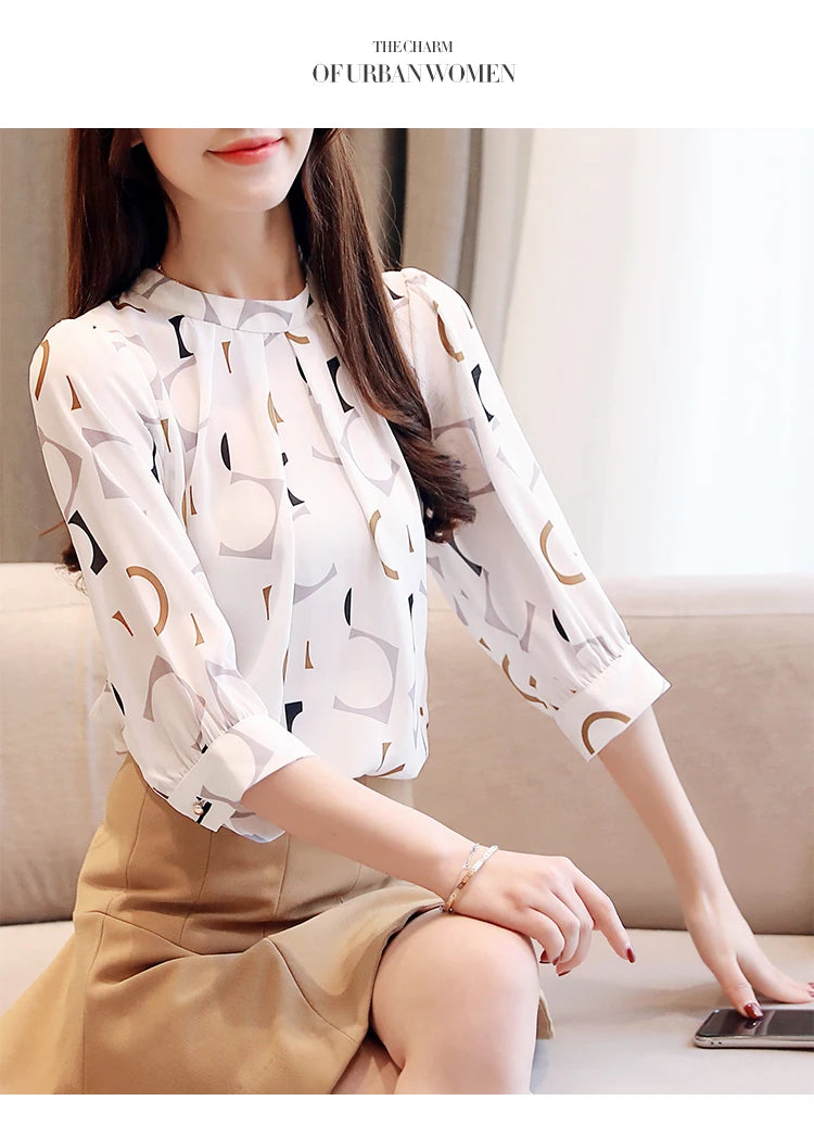 Fashion Women's Clothing Summer Printed Chiffon Blouse Casual Puff Half Sleeve Office Shirt Korean Stand Collar Tops Blusas 2480