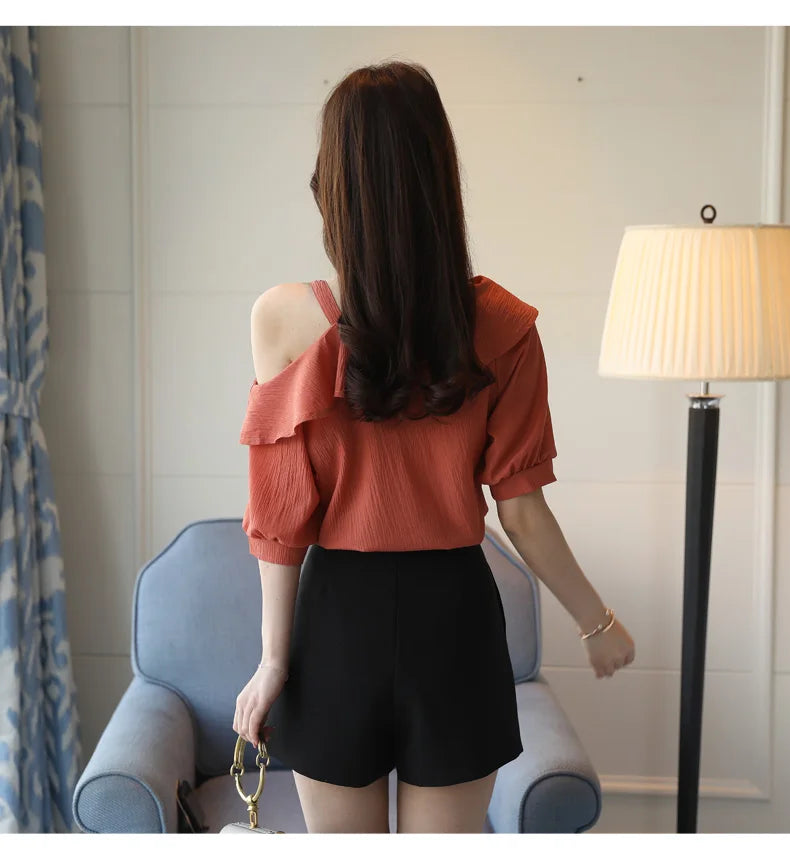 Blusas Mujer De Moda 2024 Summer Women Blouses Short Sleeve Chiffon Blouse Off Shoulder Blouse Tops Womens Tops And Blouses B381