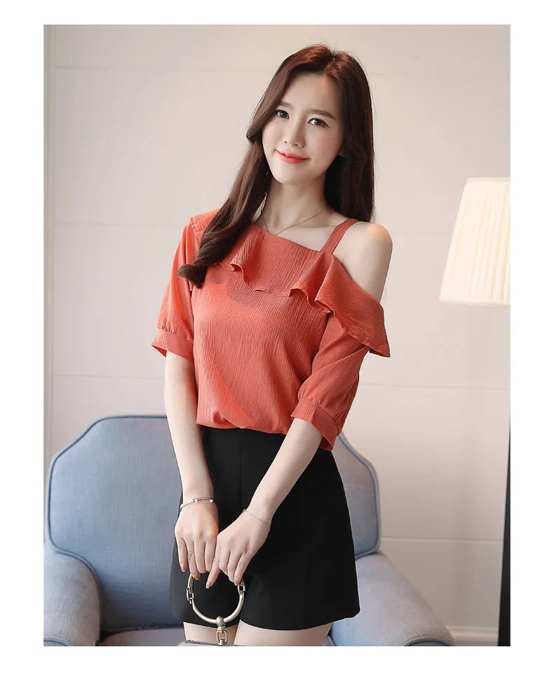Blusas Mujer De Moda 2024 Summer Women Blouses Short Sleeve Chiffon Blouse Off Shoulder Blouse Tops Womens Tops And Blouses B381