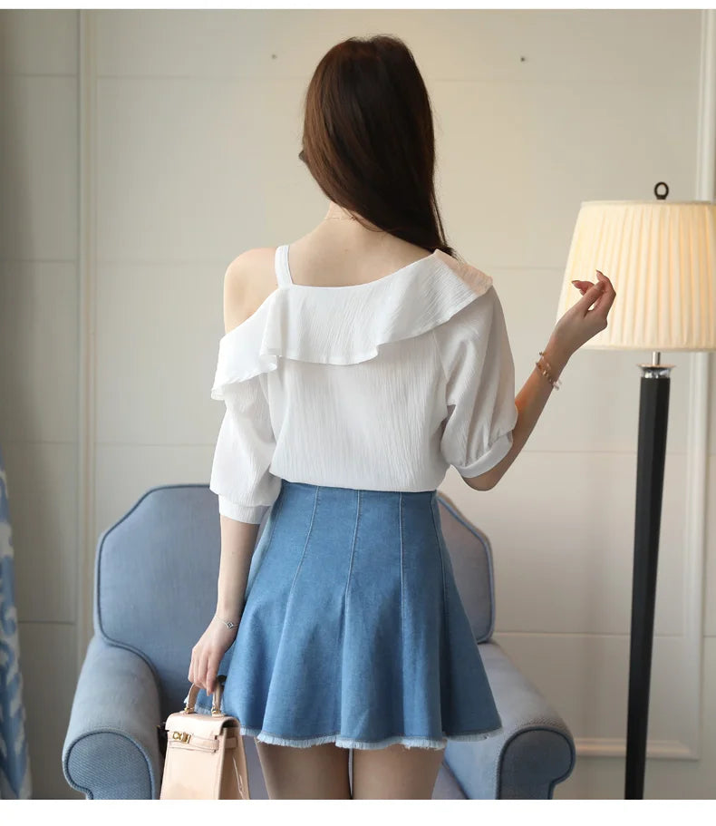 Blusas Mujer De Moda 2024 Summer Women Blouses Short Sleeve Chiffon Blouse Off Shoulder Blouse Tops Womens Tops And Blouses B381