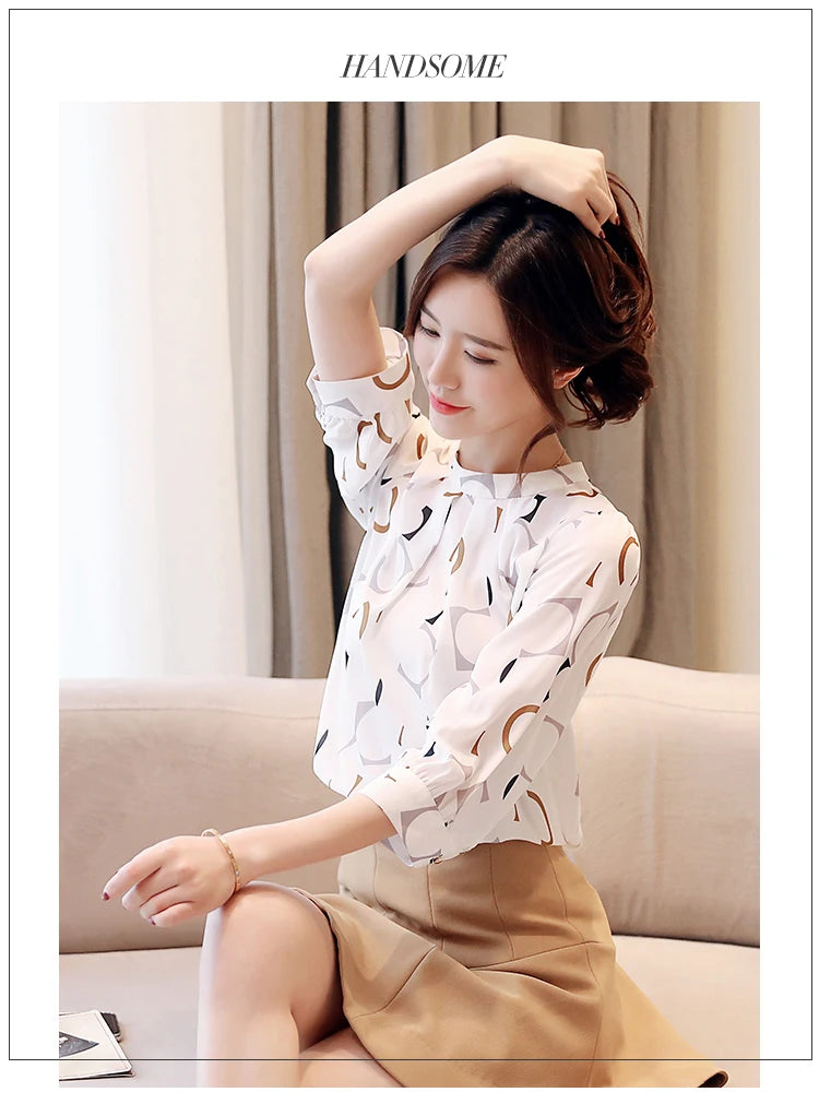 Fashion Women's Clothing Summer Printed Chiffon Blouse Casual Puff Half Sleeve Office Shirt Korean Stand Collar Tops Blusas 2480