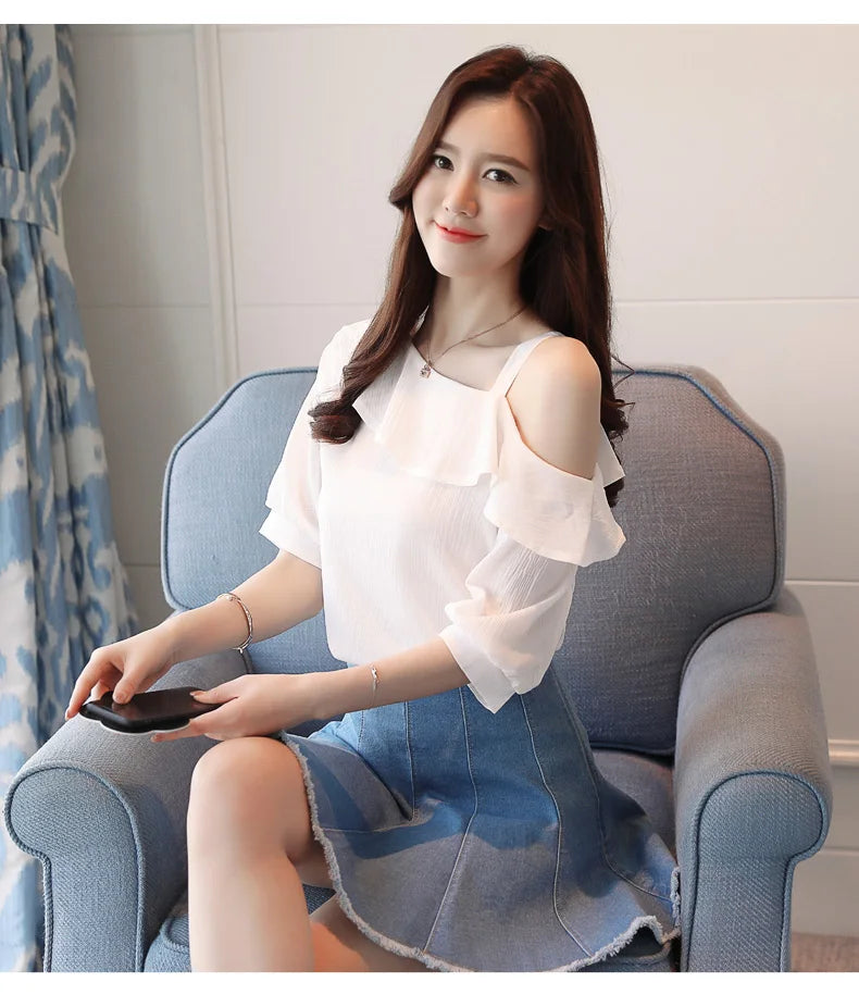 Blusas Mujer De Moda 2024 Summer Women Blouses Short Sleeve Chiffon Blouse Off Shoulder Blouse Tops Womens Tops And Blouses B381