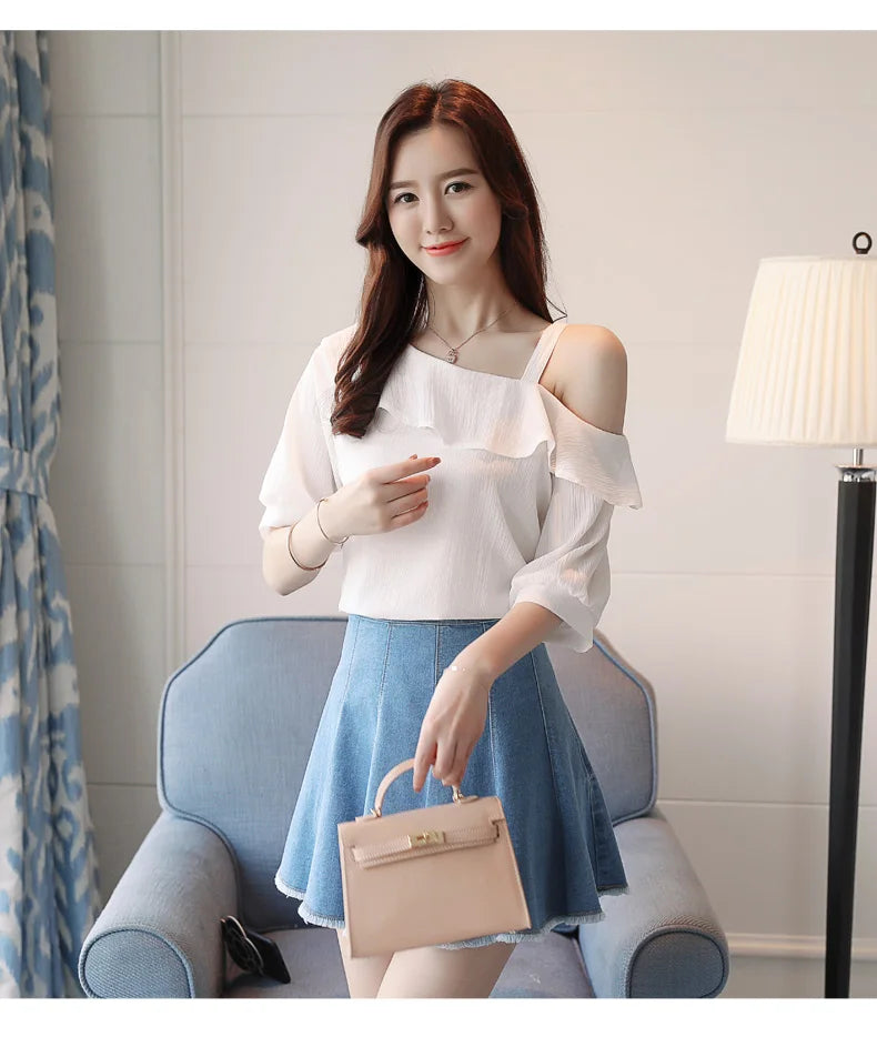 Blusas Mujer De Moda 2024 Summer Women Blouses Short Sleeve Chiffon Blouse Off Shoulder Blouse Tops Womens Tops And Blouses B381