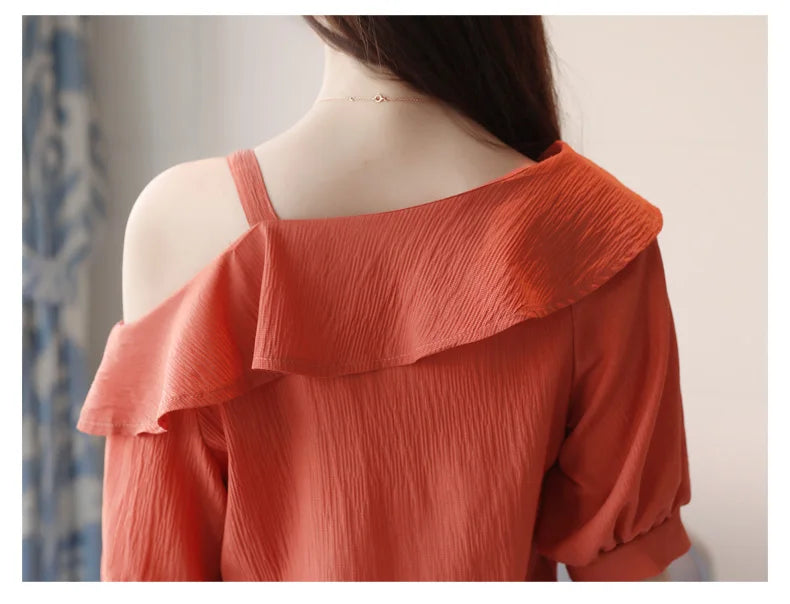 Blusas Mujer De Moda 2024 Summer Women Blouses Short Sleeve Chiffon Blouse Off Shoulder Blouse Tops Womens Tops And Blouses B381
