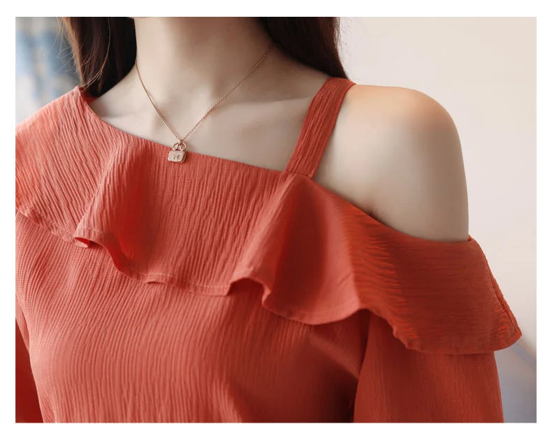 Blusas Mujer De Moda 2024 Summer Women Blouses Short Sleeve Chiffon Blouse Off Shoulder Blouse Tops Womens Tops And Blouses B381