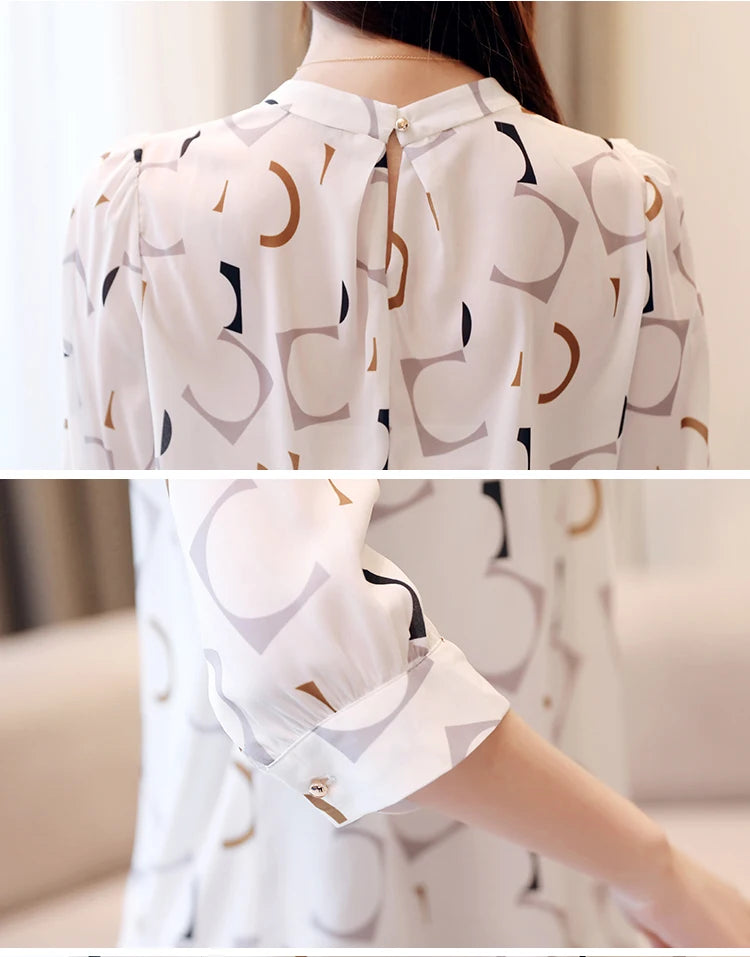 Fashion Women's Clothing Summer Printed Chiffon Blouse Casual Puff Half Sleeve Office Shirt Korean Stand Collar Tops Blusas 2480