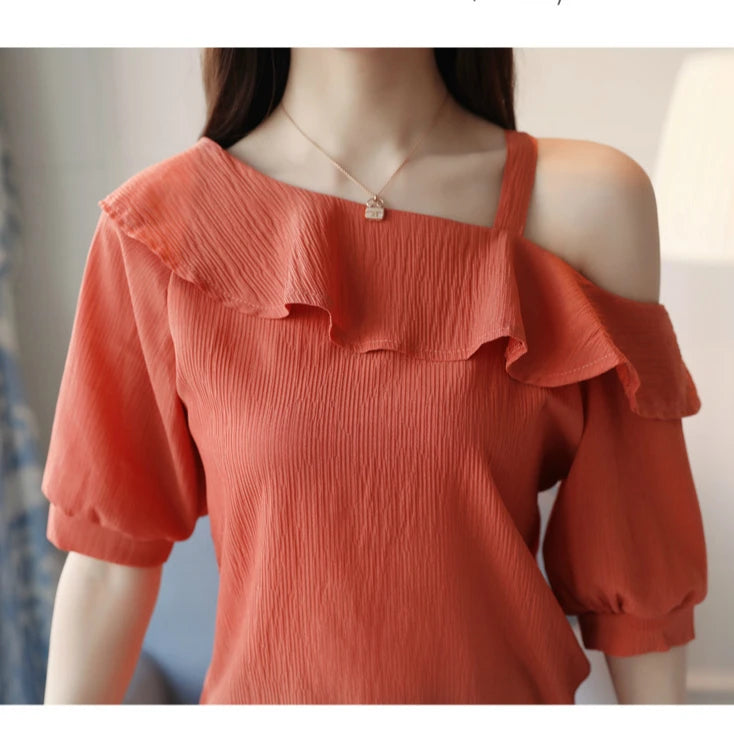 Blusas Mujer De Moda 2024 Summer Women Blouses Short Sleeve Chiffon Blouse Off Shoulder Blouse Tops Womens Tops And Blouses B381