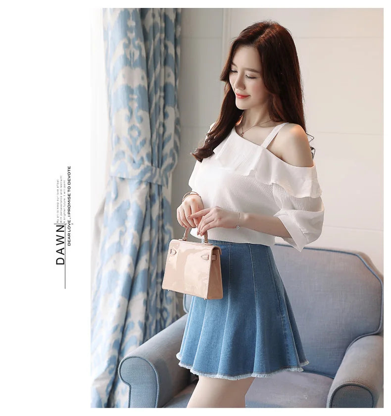 Blusas Mujer De Moda 2024 Summer Women Blouses Short Sleeve Chiffon Blouse Off Shoulder Blouse Tops Womens Tops And Blouses B381