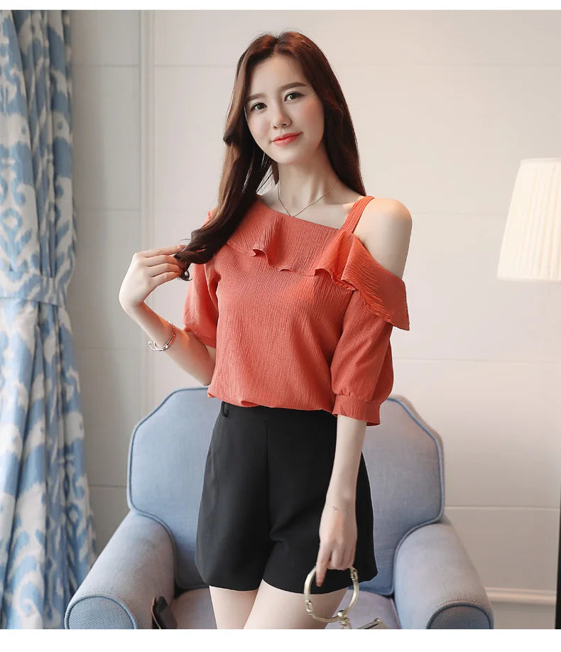 Blusas Mujer De Moda 2024 Summer Women Blouses Short Sleeve Chiffon Blouse Off Shoulder Blouse Tops Womens Tops And Blouses B381