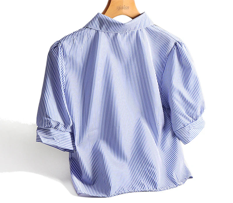 AOSSVIAO Casual Women Shirts 2024 Summer New Fashion Collar Blouse Stripe Buttons White Shirt Women Tops Streetwear