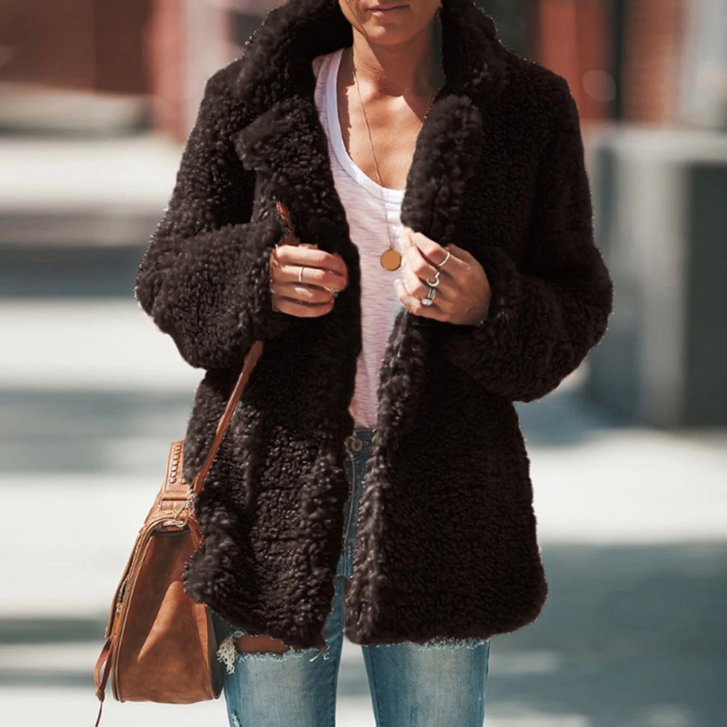 Lapel Neck Long Sleeve Plush Fluffy Faux Fur Coats 2020 Winter Women Open Front Long Jackets Warm Outwear Casual Cardigan