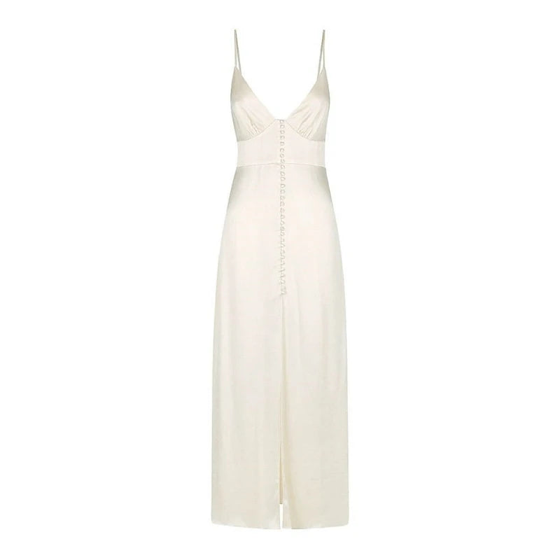 Summer Fashion Elegant Bodycon Dress Women Sling Straps Buttons V Neck Backless Solid Slim Satin Sundress Party Beach Clothes
