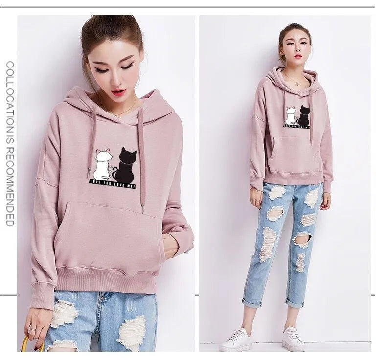 2022 Streetwear Hoodies Women Sweatshirt Autumn Spring Long Sleeve Harajuku Cute Cat Print Female Casual Pullover sudadera mujer