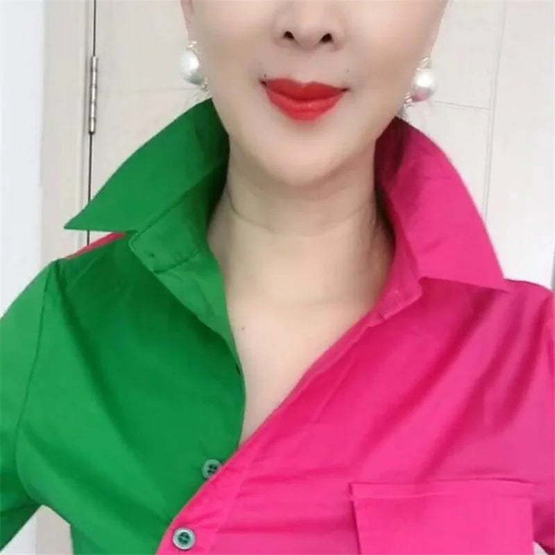Oblique Placket Chic Color Matching Blouses Women Shirt Lapel long sleeve Patchwork Color Contrast Streetwear Female Blusa Shirt