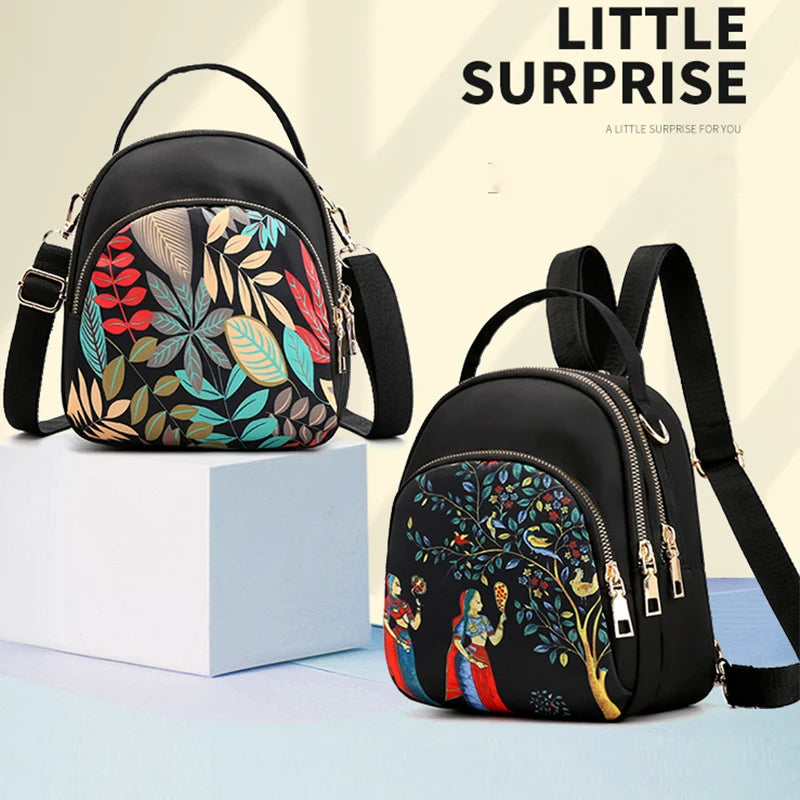 Fashion Printing Backpack Women Large Capacity Nylon Rucksack Multilayer Crossbody Bag School Bags Waterproof Travel Knapsack