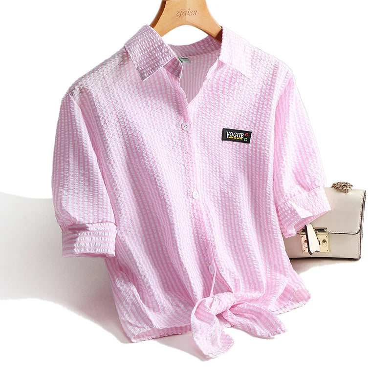 AOSSVIAO Casual Women Shirts 2024 Summer New Fashion Collar Blouse Stripe Buttons White Shirt Women Tops Streetwear