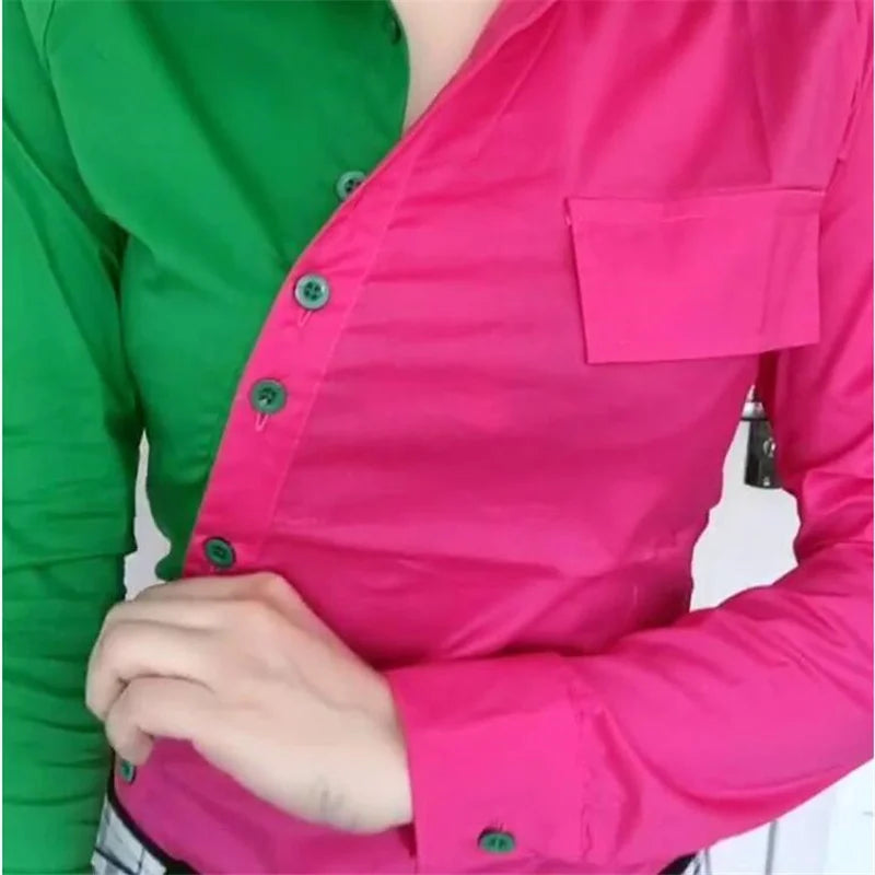 Oblique Placket Chic Color Matching Blouses Women Shirt Lapel long sleeve Patchwork Color Contrast Streetwear Female Blusa Shirt