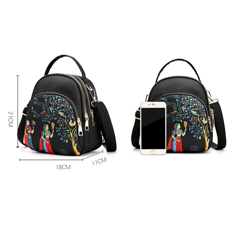 Fashion Printing Backpack Women Large Capacity Nylon Rucksack Multilayer Crossbody Bag School Bags Waterproof Travel Knapsack