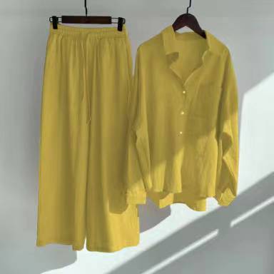 Modest Eid Muslim Women Sets Ensemble Two Pieces Single Breasted Button Shirt Solid Blouses & Wide Leg Pants Arab Islam Spring