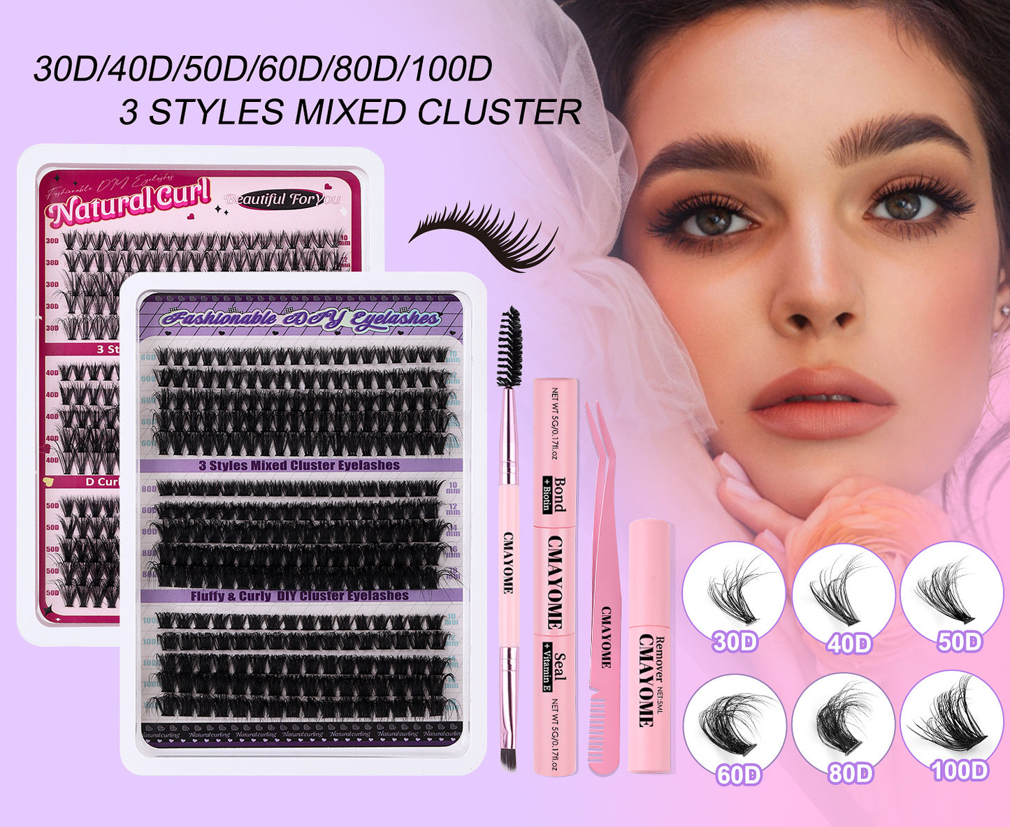 Large Capacity DIY 30 40 50 60 80 D Mix False Individual Lashes Kit Bond and Seal Tweezers Comb Set Wispy Soft Thick Fake Lash