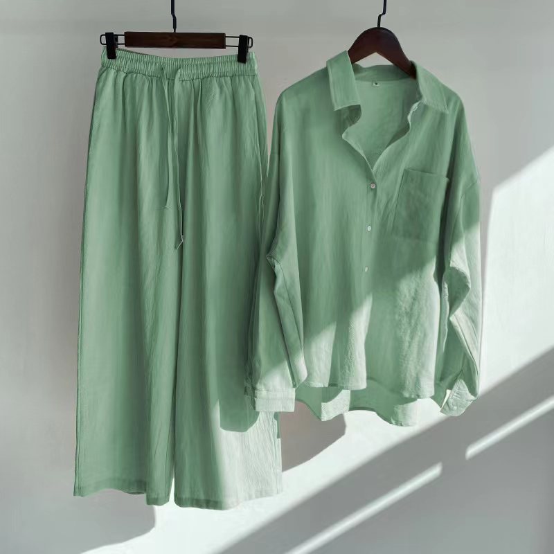Modest Eid Muslim Women Sets Ensemble Two Pieces Single Breasted Button Shirt Solid Blouses & Wide Leg Pants Arab Islam Spring