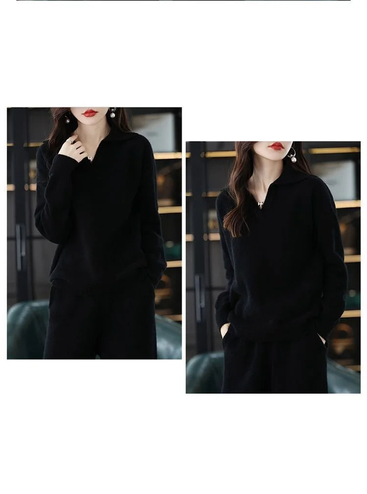 Knitted Suit Women's 2024 New Fashion Autumn Winter Long-sleeved Lapel Sweater+Wide leg pants Female Loose Casual Two-piece Sets