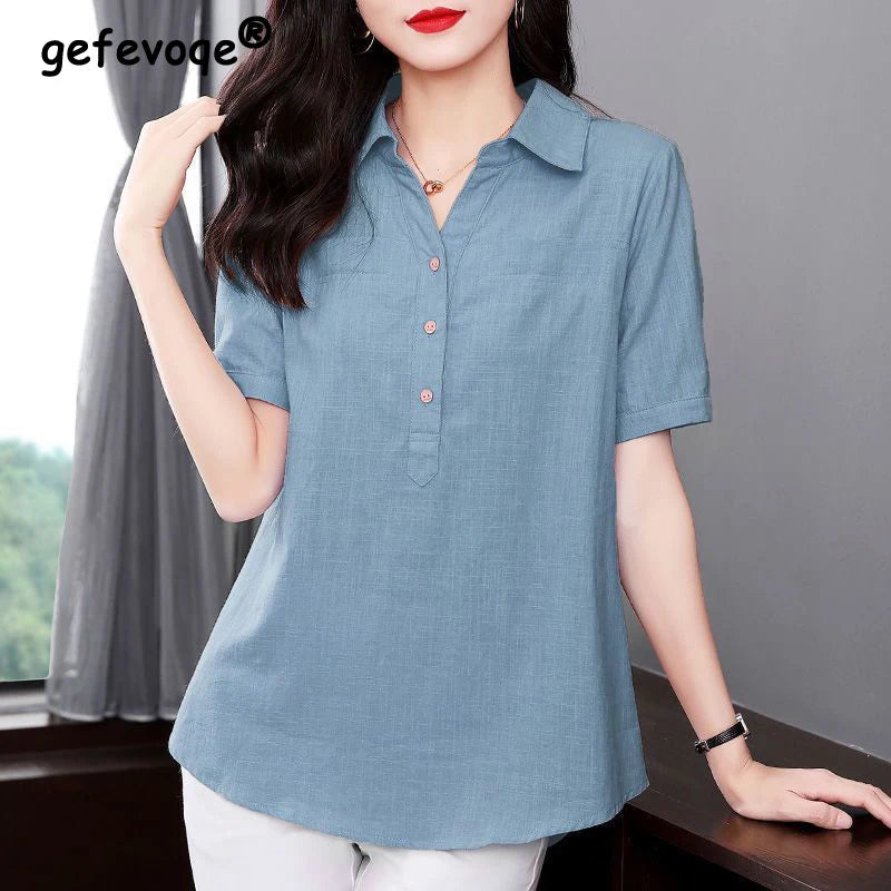 Summer 2023 Oversized Cotton Linen Short Sleeve Shirt Female Loose Casual Comfortable Cardigan Top Women Simple Fashion Blouse