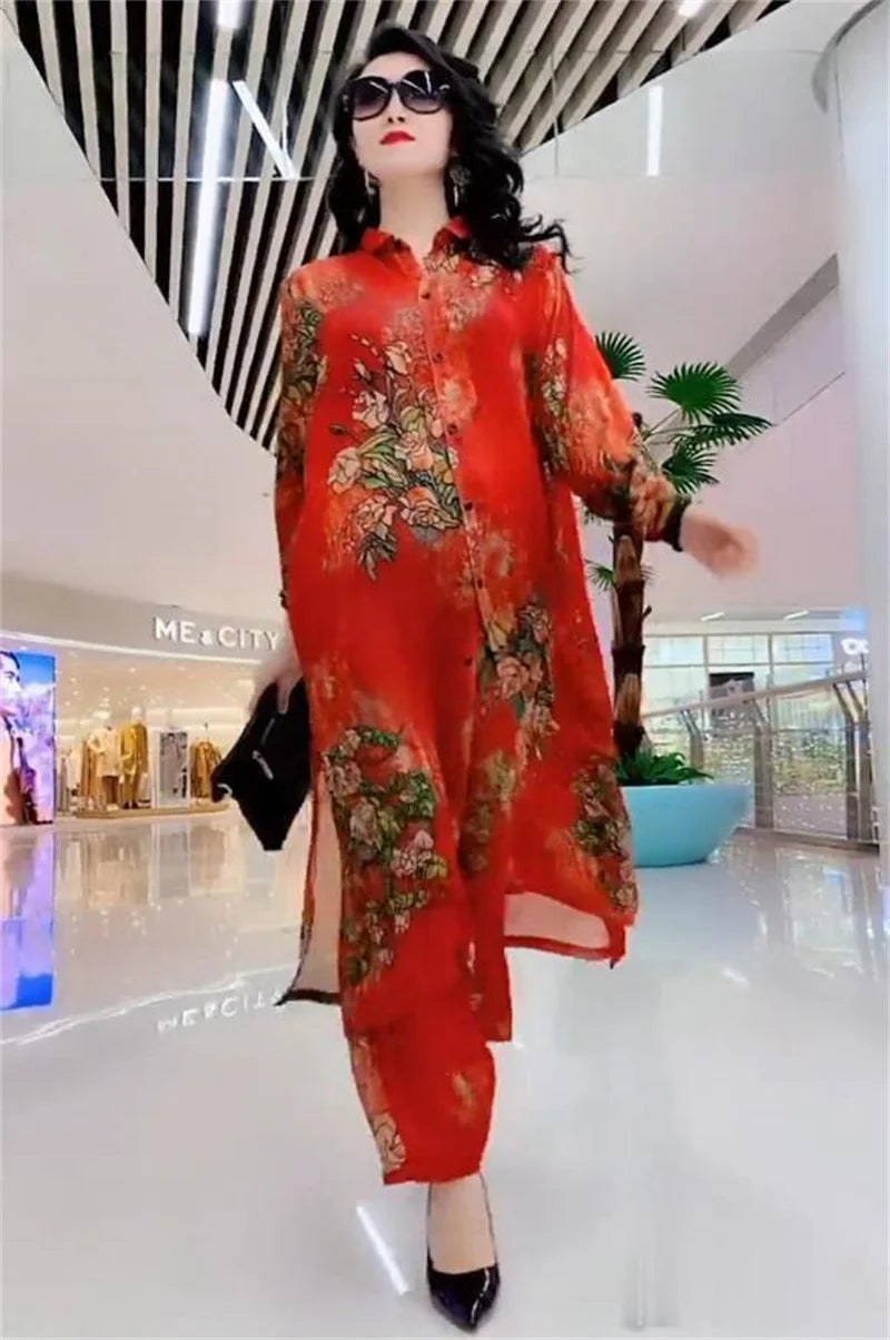 5XL Summer Sets Large Silk Wide Leg Trouser Set Women's Spring 2023 New Print Silk Fashion Slim Two Piece Set Female Elegant