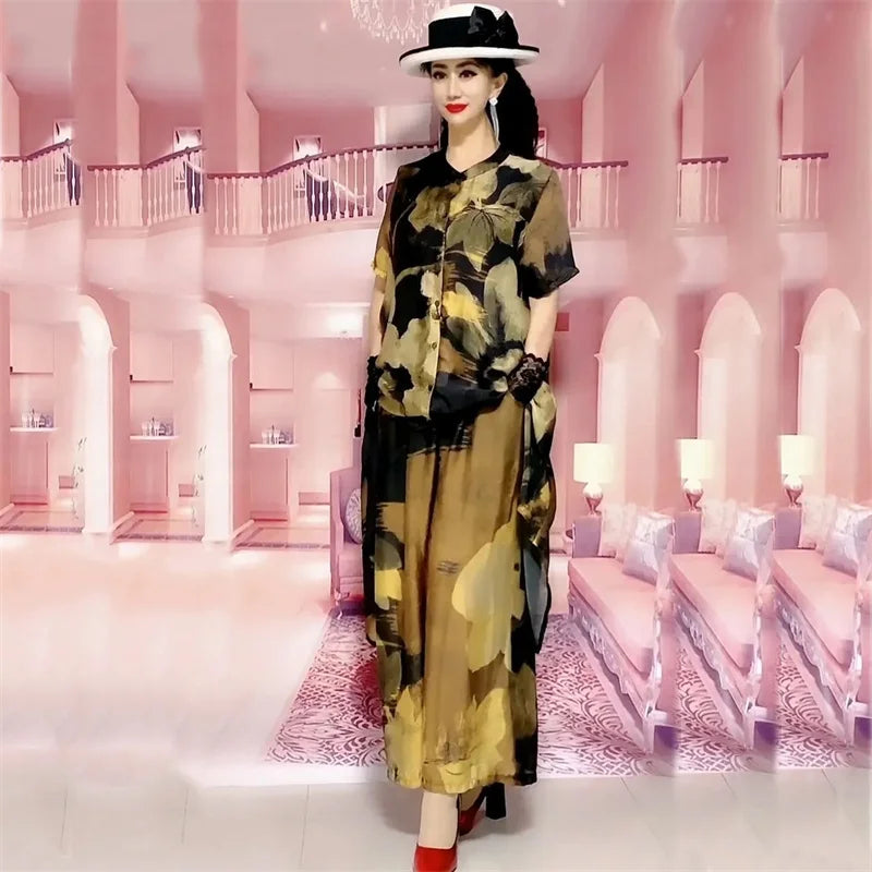 5XL Summer Sets Large Silk Wide Leg Trouser Set Women's Spring 2023 New Print Silk Fashion Slim Two Piece Set Female Elegant