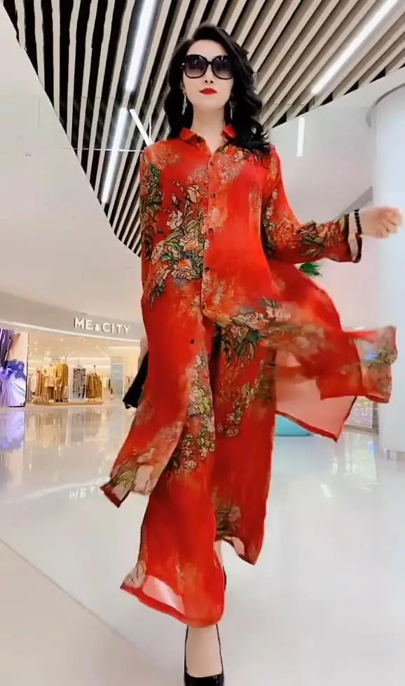 5XL Summer Sets Large Silk Wide Leg Trouser Set Women's Spring 2023 New Print Silk Fashion Slim Two Piece Set Female Elegant