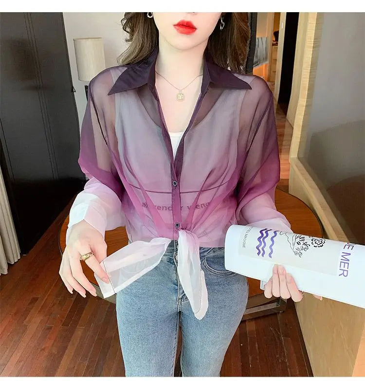 Shirts Women Gradient Loose Leisure Summer Sunscreen Lapel Thin Soft Designed Breathable Korean Fashion Clothing Office Lady New