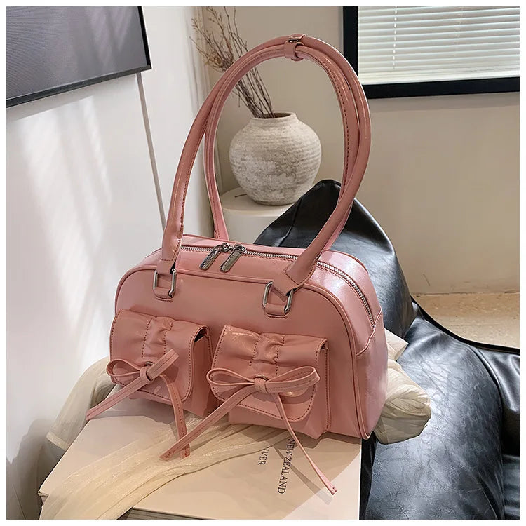 Xiuya Silver Pleated Womens Shoulder Bag Elegant Gentle Korean Fashion Leather Handbag Bow Sweet New Simple Ladies Boston Bag