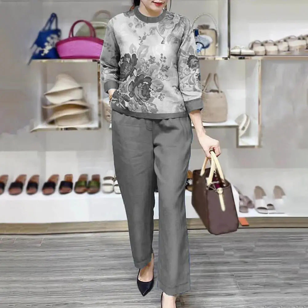 Loose Fit Women Casual Set Floral Print Women's T-shirt Pants Set with Wide Legs Pockets Stylish Spring/fall Suit for Female