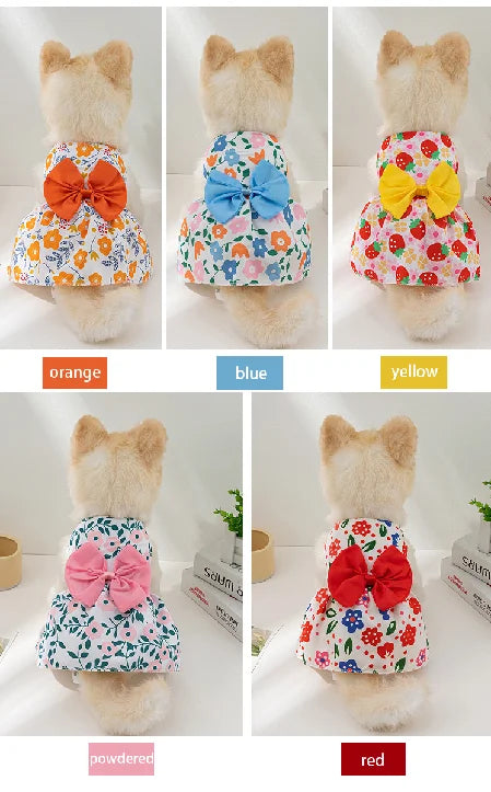 Dog Princess Dress Print Summer with Bowknot Button Sweet Cute Puppy Cat Skirt Thin Pets Wedding Party Chihuahua Clothes