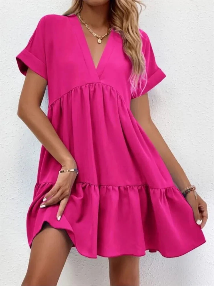 Women's Short Dress 2024 New Summer Style Fresh And Sweet V-neck Solid Color Large Swing Elegant Casual Short Dress