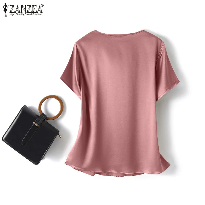 ZANZEA Women Short Sleeve Solid Shirt Summer Fashion Satin Blouse Female Casual OL Work Tunic Tops Elegant Loose Blsuas Oversize